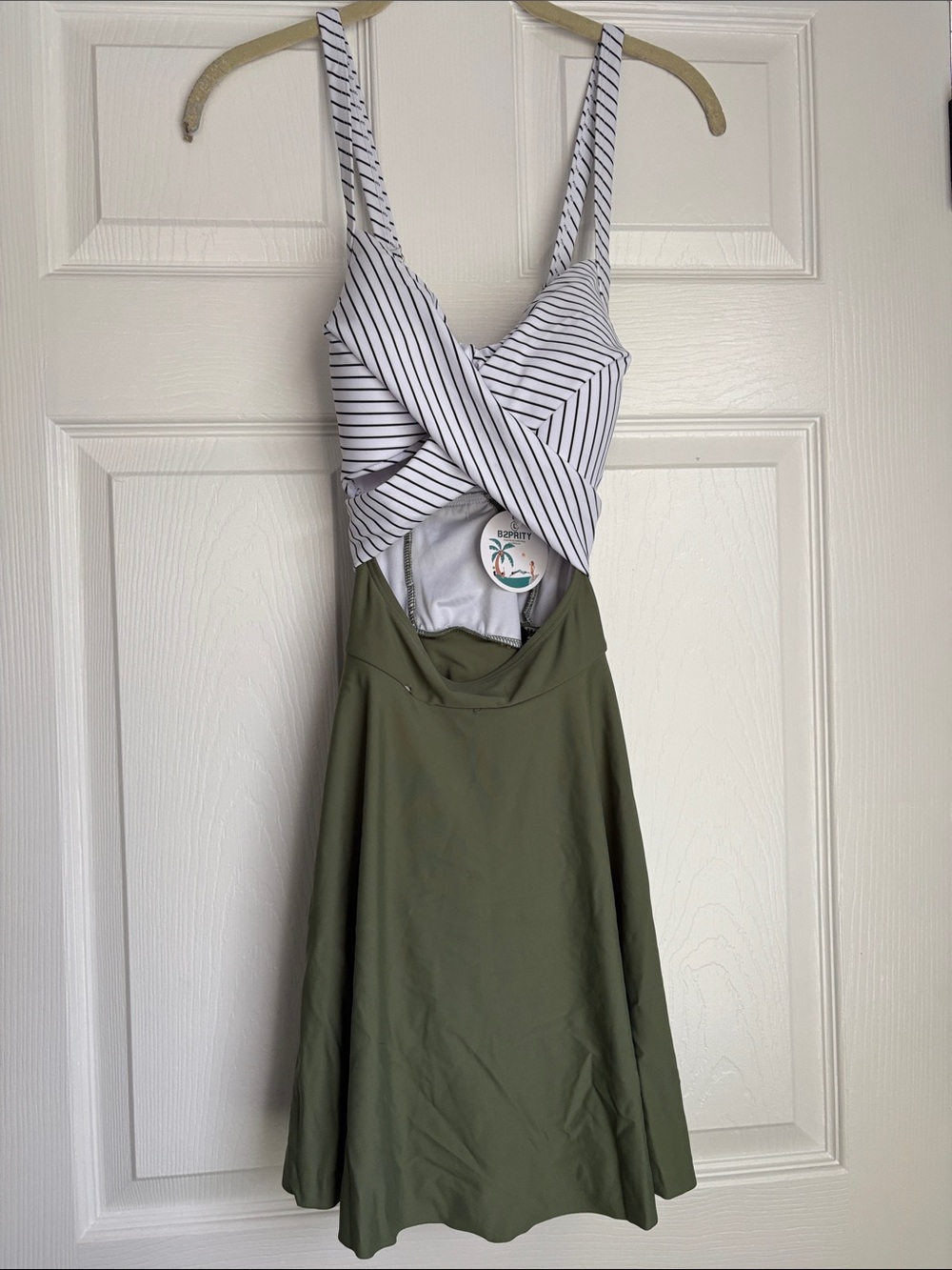 Striped White & Olive Green One-Piece Swimsuit Dress